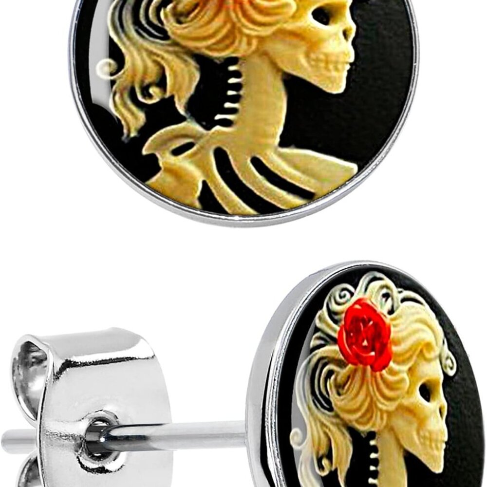 Red Rose Skull Skeleton Stud Earrings - Stainless Steel Earrings for Halloween,